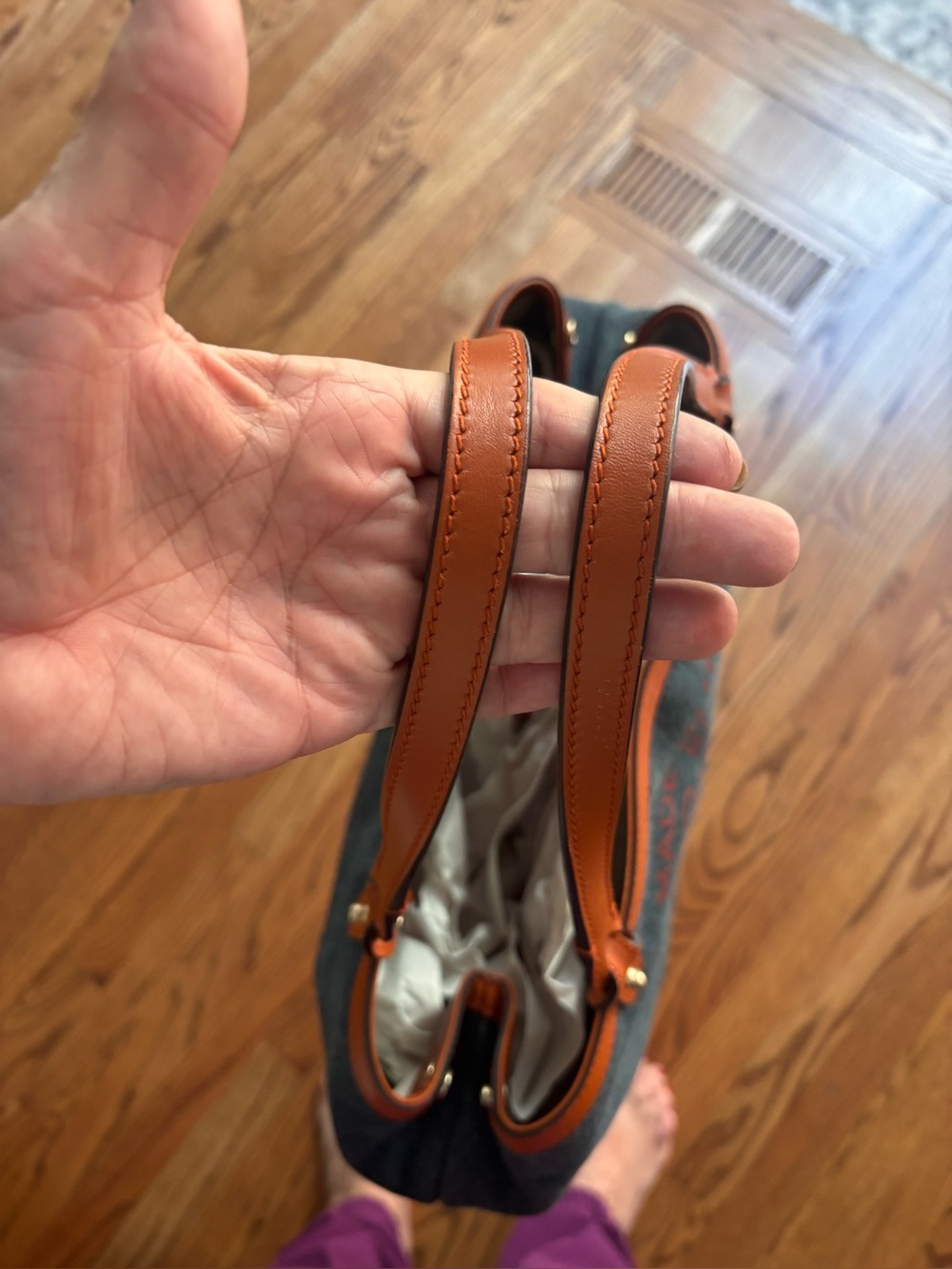 Gucci Dark Denim Tote with Tan Leather Trim and Orange Logo - Picture 4 of 10